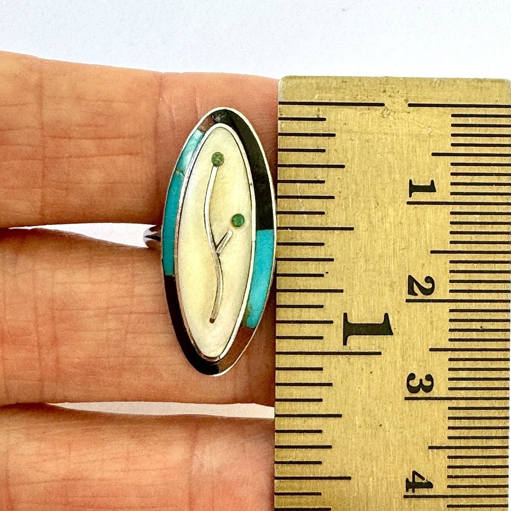 VTG Zuni Flower Turquoise Ring Sz 6 Sterling 60s Old Inlay Native Amer Marquis - Picture 3 of 8